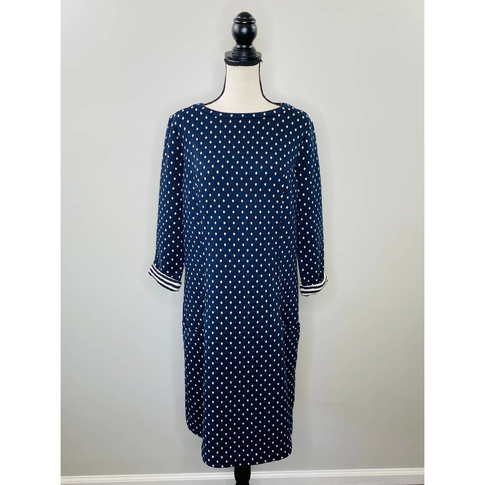 Boden Navy and Cream Polka Dot Shift Shirt Dress Womens 12L Stretch Knit Classic
